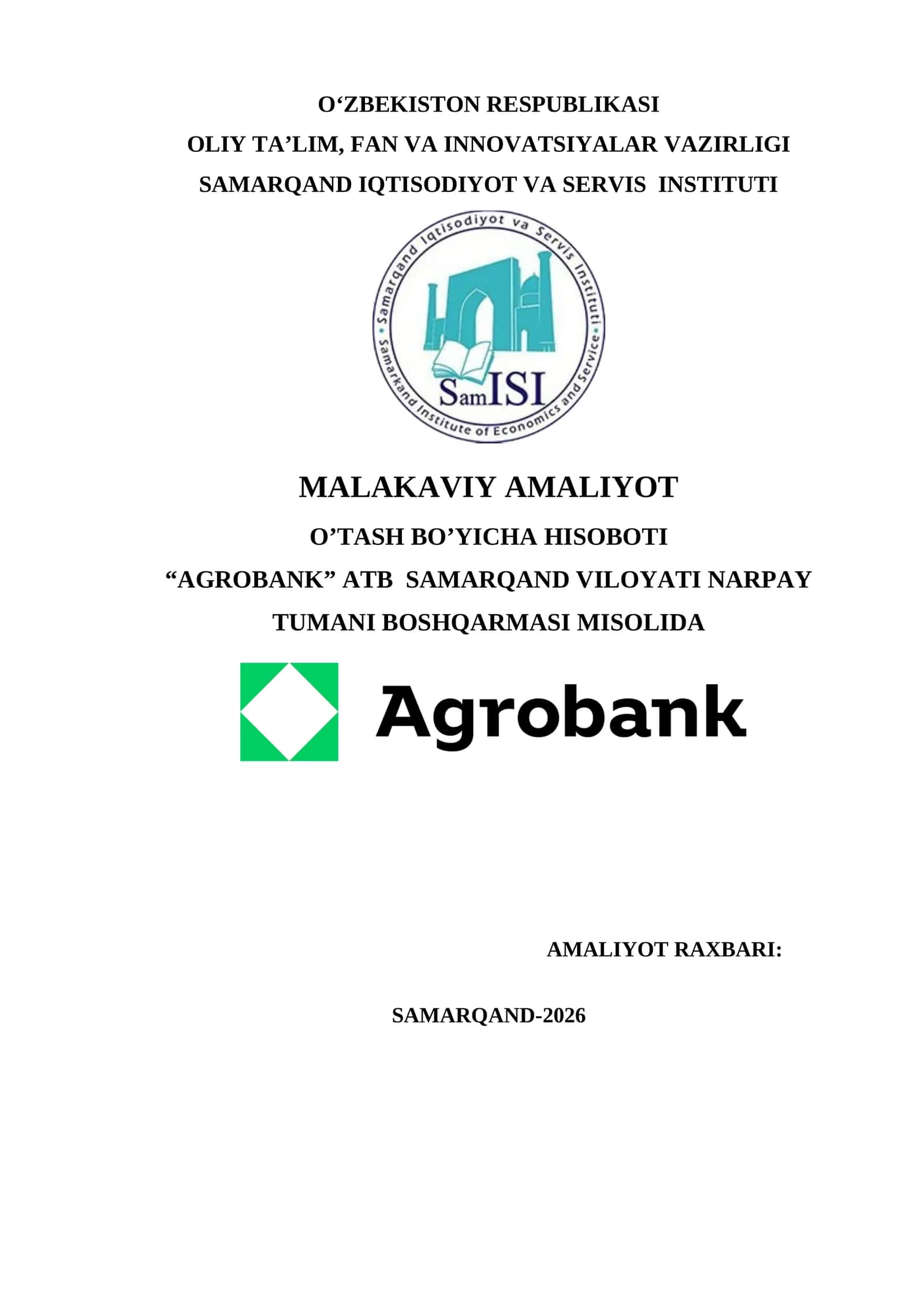 “AGROBANK” ATB SAMARQAND VILOYATI NARPAY TUMANI BOSHQARMASI MISOLIDA