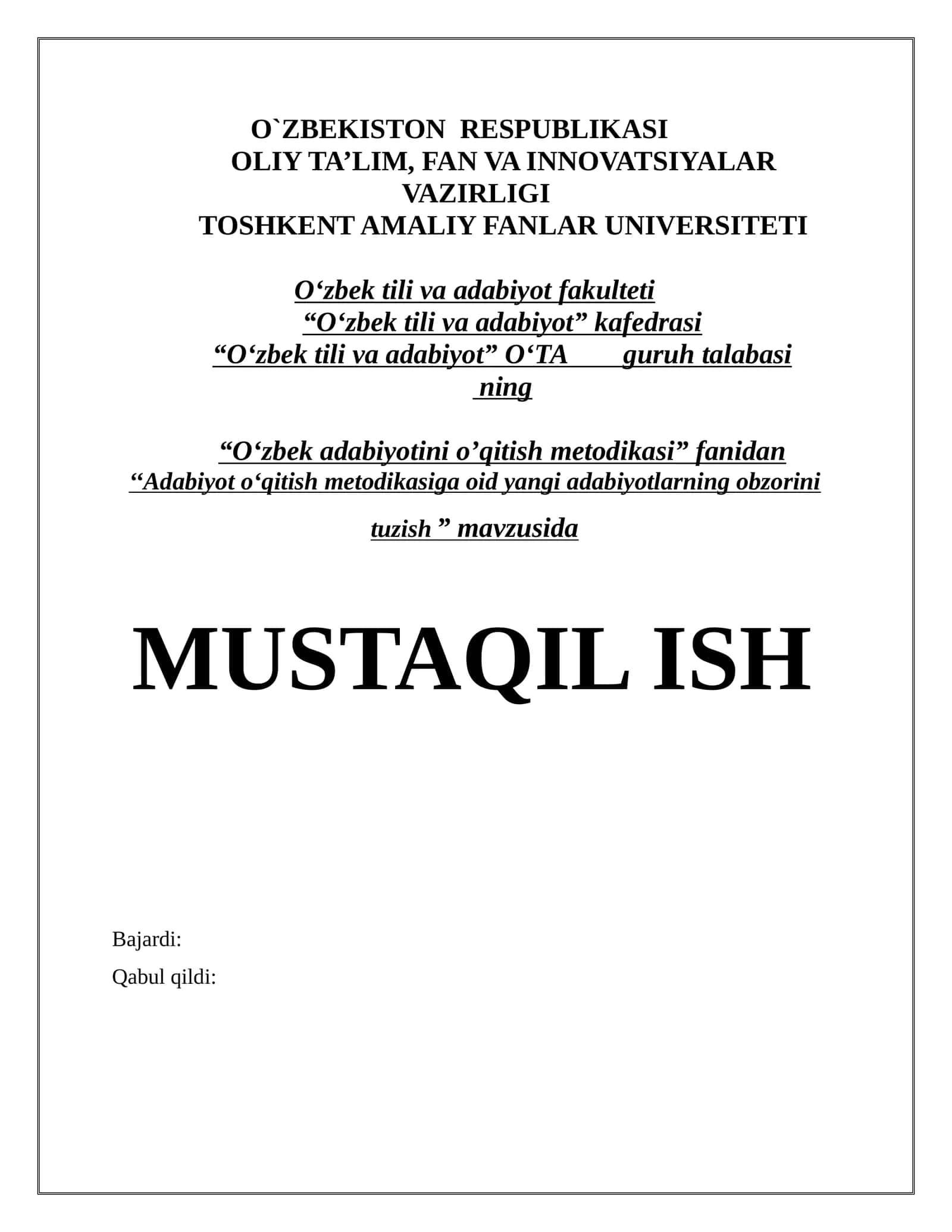 Adabiyot o‘qitish metodikasi