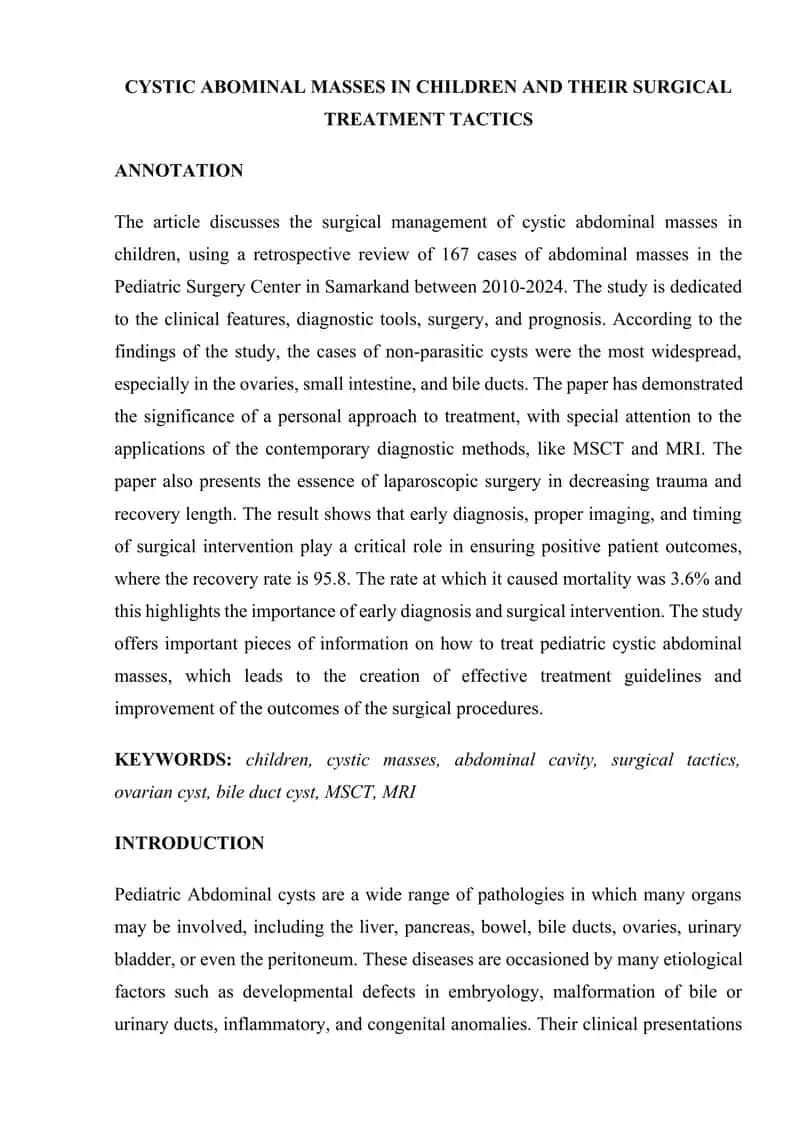 CYSTIC ABOMINAL MASSES IN CHILDREN AND THEIR SURGICAL TREATMENT TACTICS