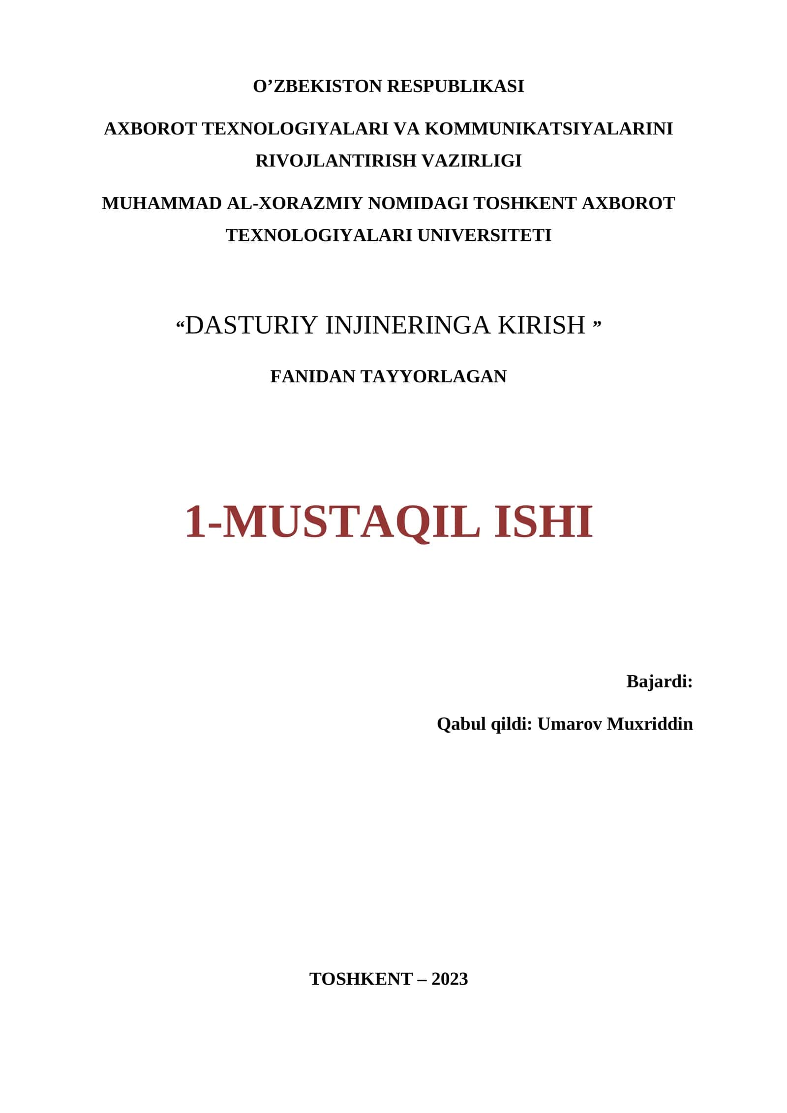 Mustaqil ish. Mavzu:Dasturiy ta'minot ishlab chiqish uchun talabalarni shaklantirish va ularni tahlili.
