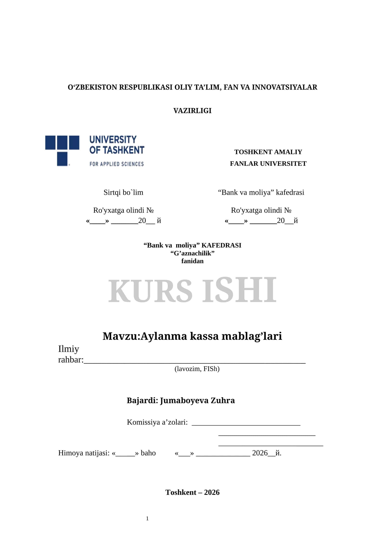 KURS ISHI - Aylanma kassa mablag’lari