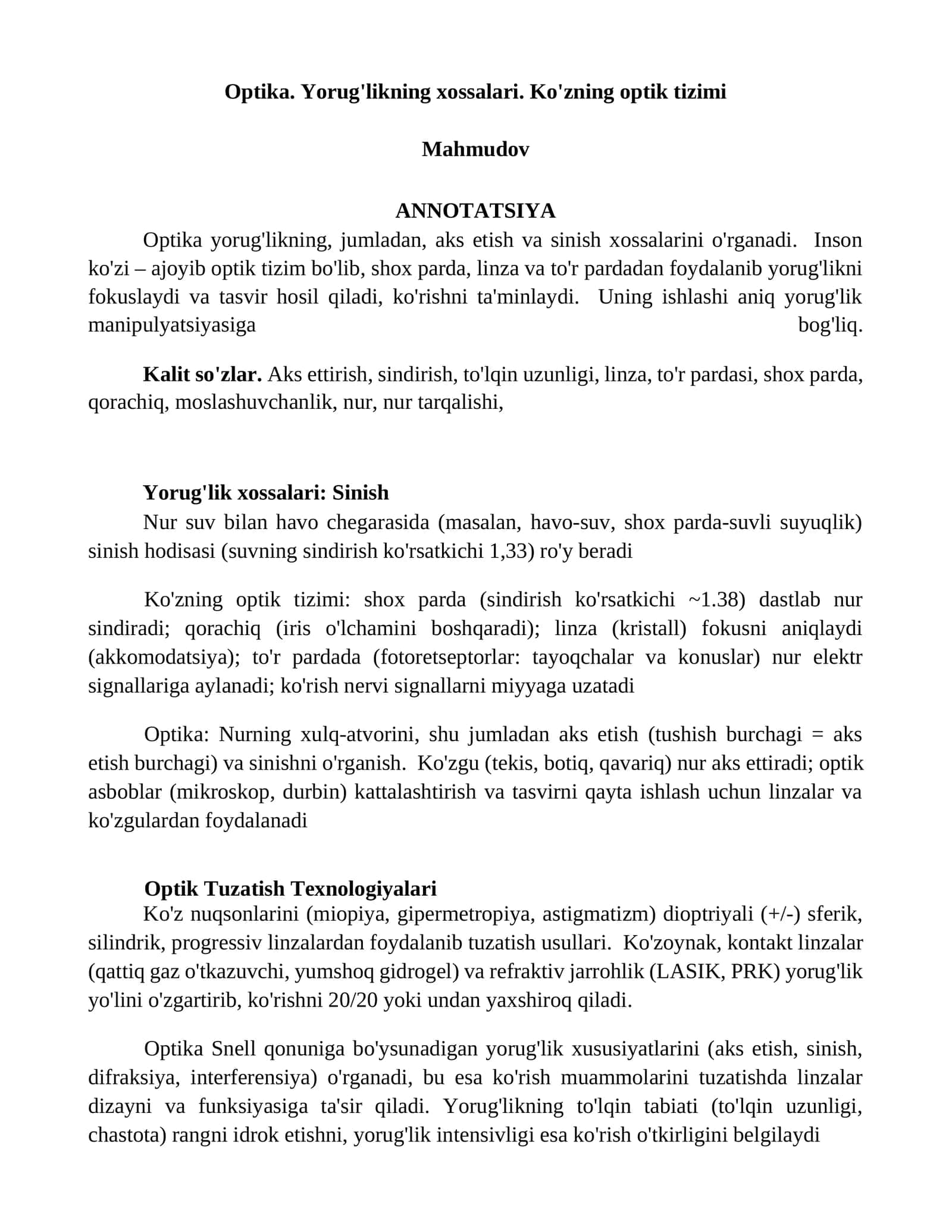 Optika. Yorug'likning xossalari. Ko'zning optik tizimi