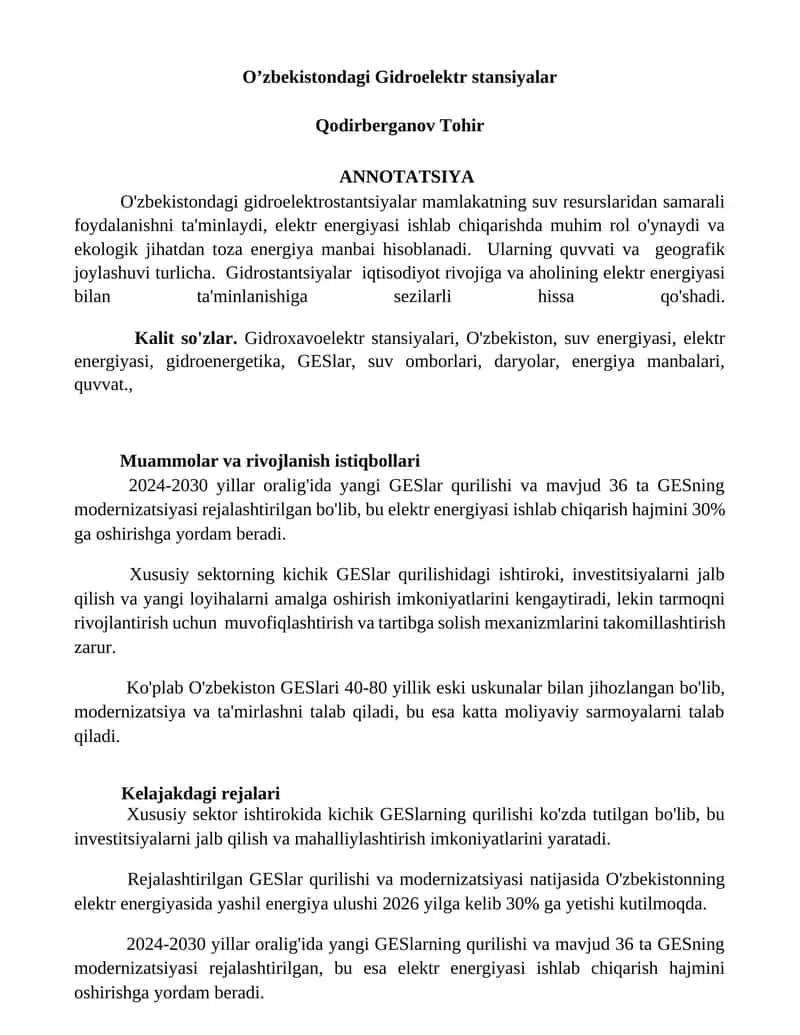 O’zbekistondagi Gidroelektr stansiyalar