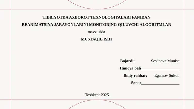 REANIMATSIYA JARAYONLARINI MONITORING QILUVCHI ALGORITMLAR