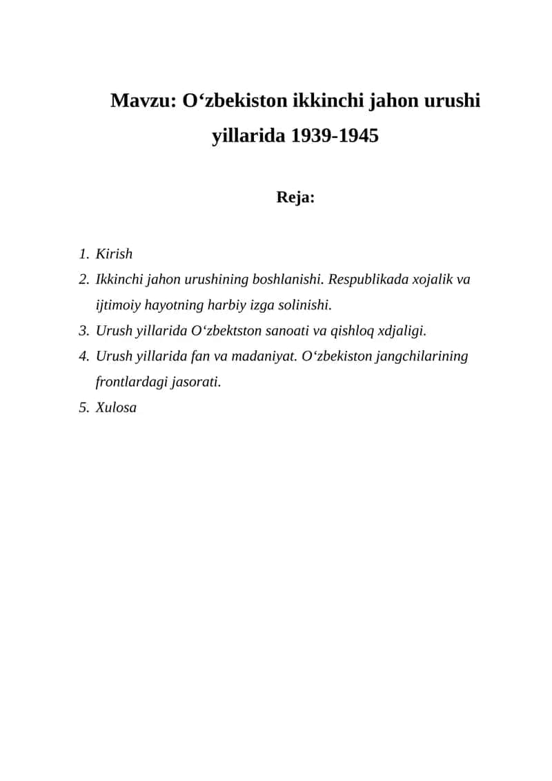 Oʻzbekiston ikkinchi jahon urushi yillarida 1939-1945