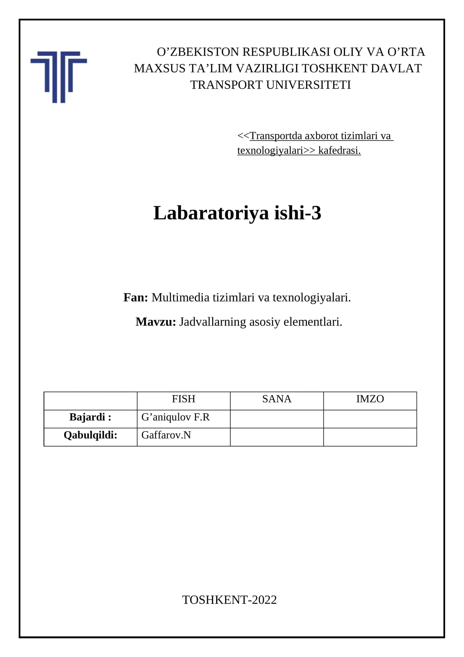 Mavzu: Jadvallarning asosiy elementlari