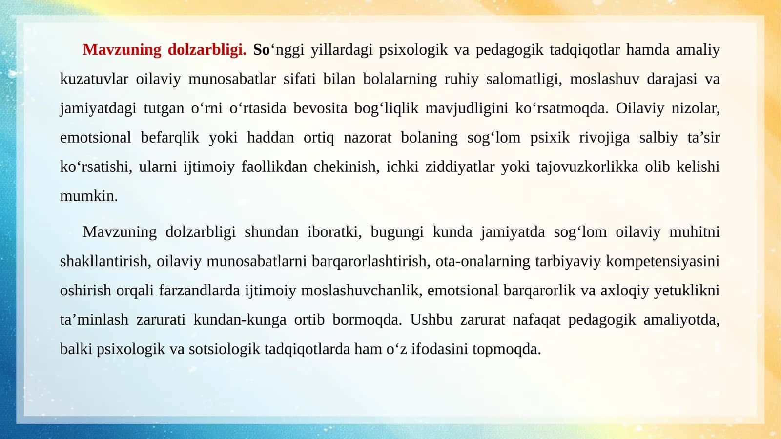 Mavzuning dolzarbligi