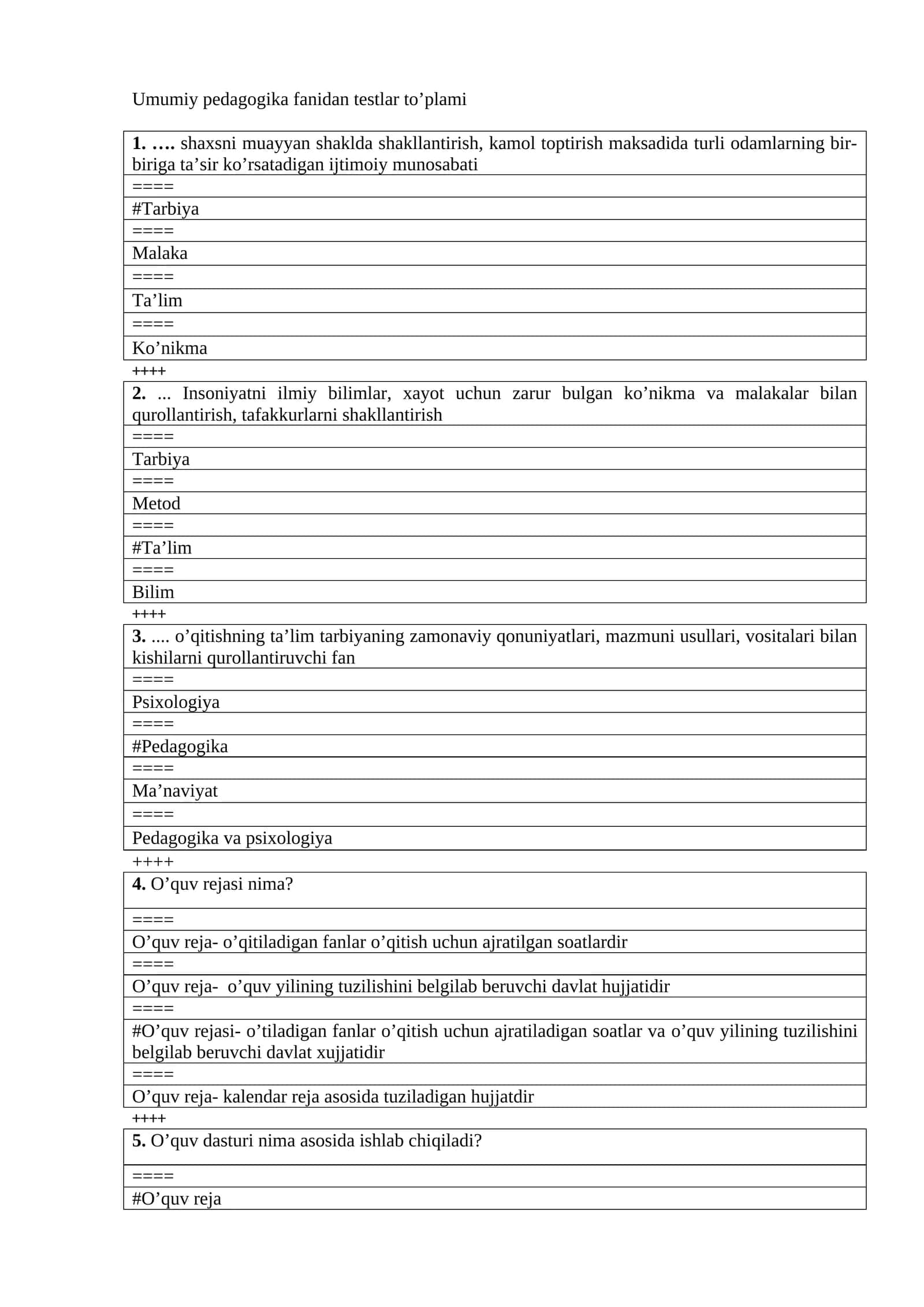 Umumiy pedagogika fanidan testlar to’plami