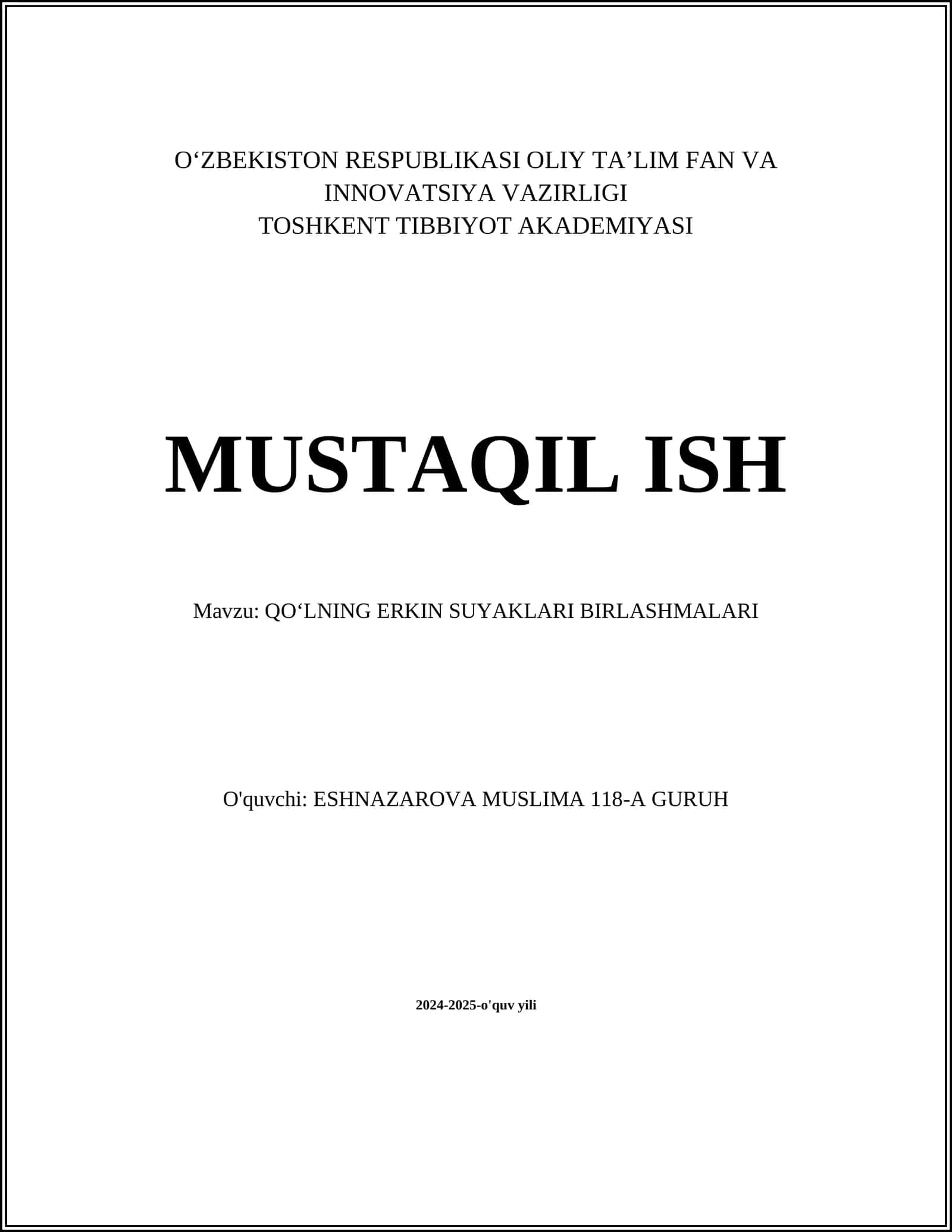 QOʻLNING ERKIN SUYAKLARI BIRLASHMALARI