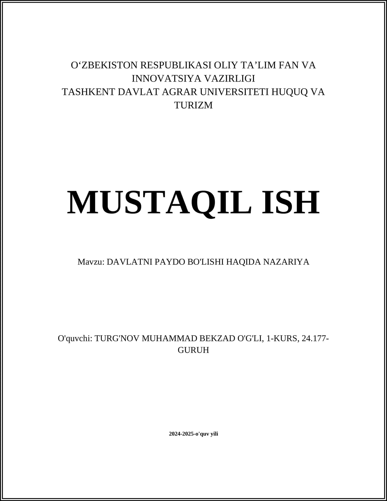 DAVLATNI PAYDO BO'LISHI HAQIDA NAZARIYA