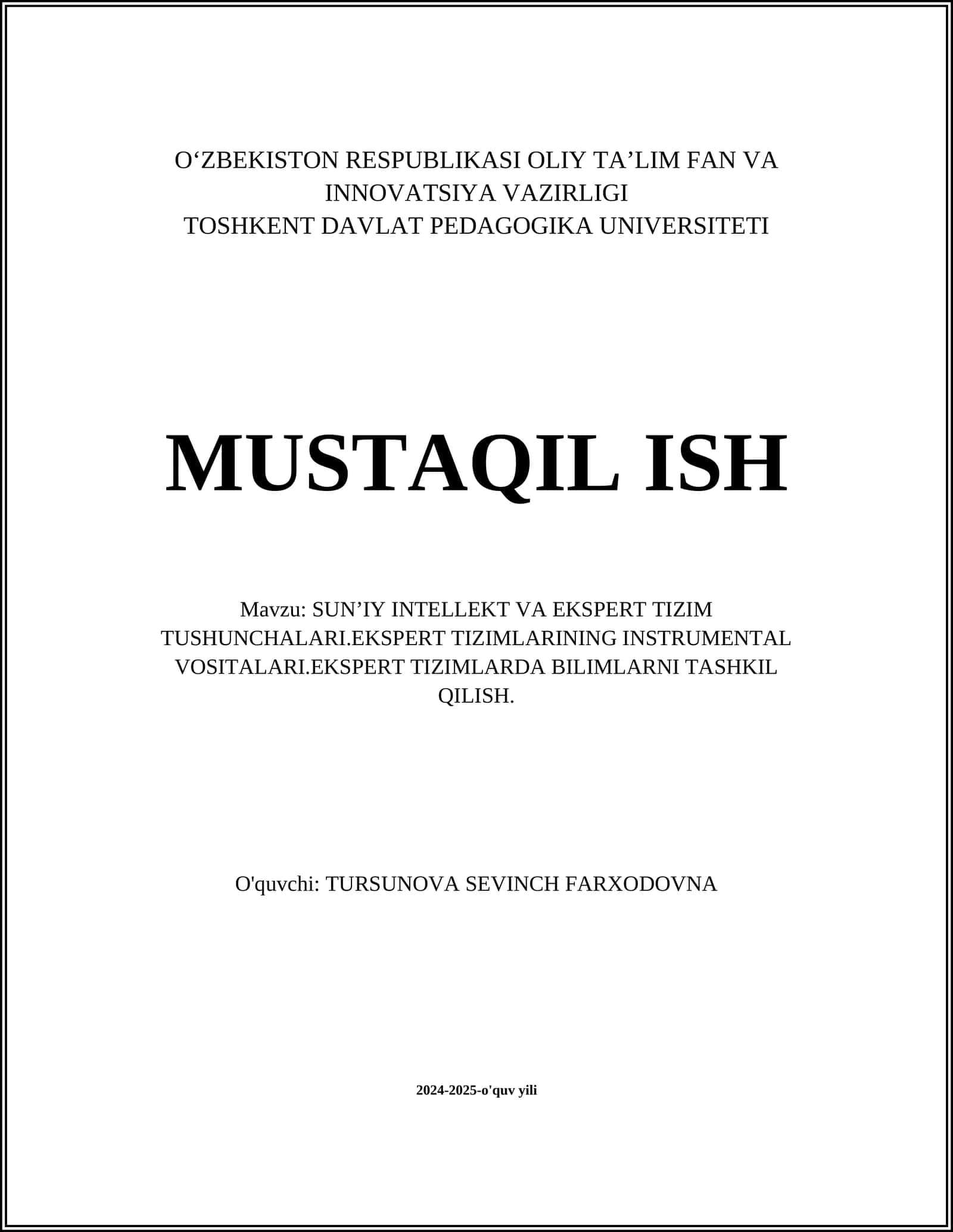 SUNʼIY INTELLEKT VA EKSPERT TIZIM TUSHUNCHALARI