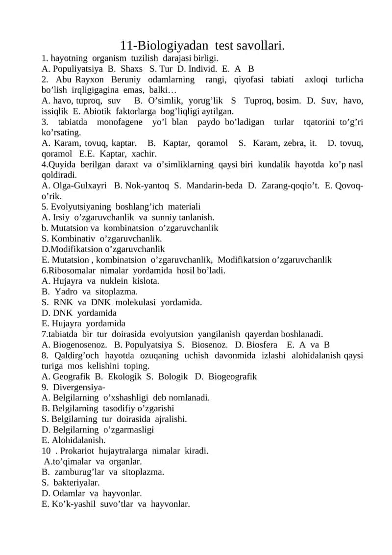 11-Biologiyadan test savollari