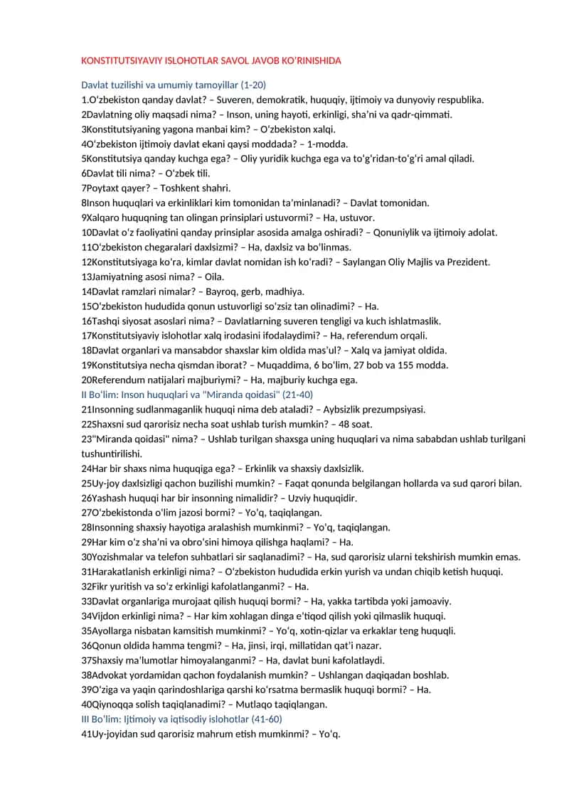 KONSTITUTSIYAVIY ISLOHOTLAR SAVOL JAVOB KO’RINISHIDA