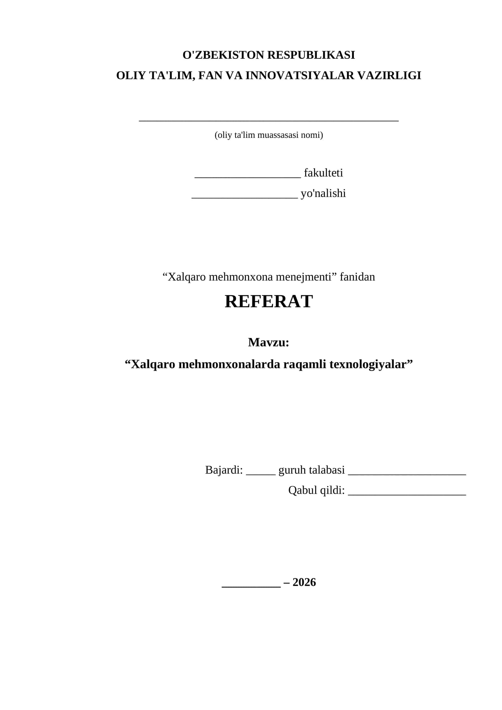 “Xalqaro mehmonxonalarda raqamli texnologiyalar” REFERAT