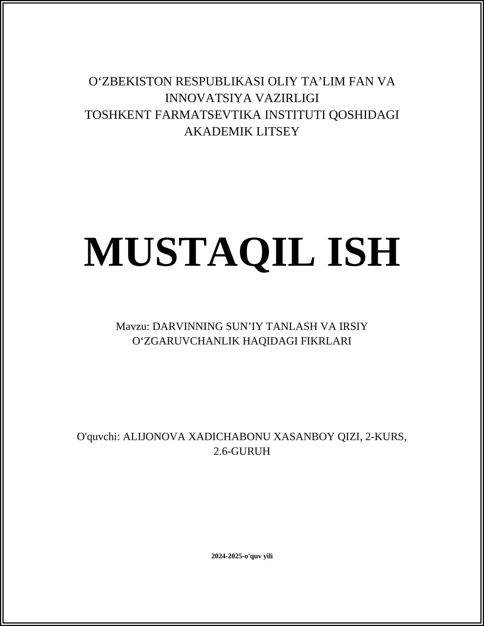 DARVINNING SUNʼIY TANLASH VA IRSIY OʻZGARUVCHANLIK HAQIDAGI FIKRLARI