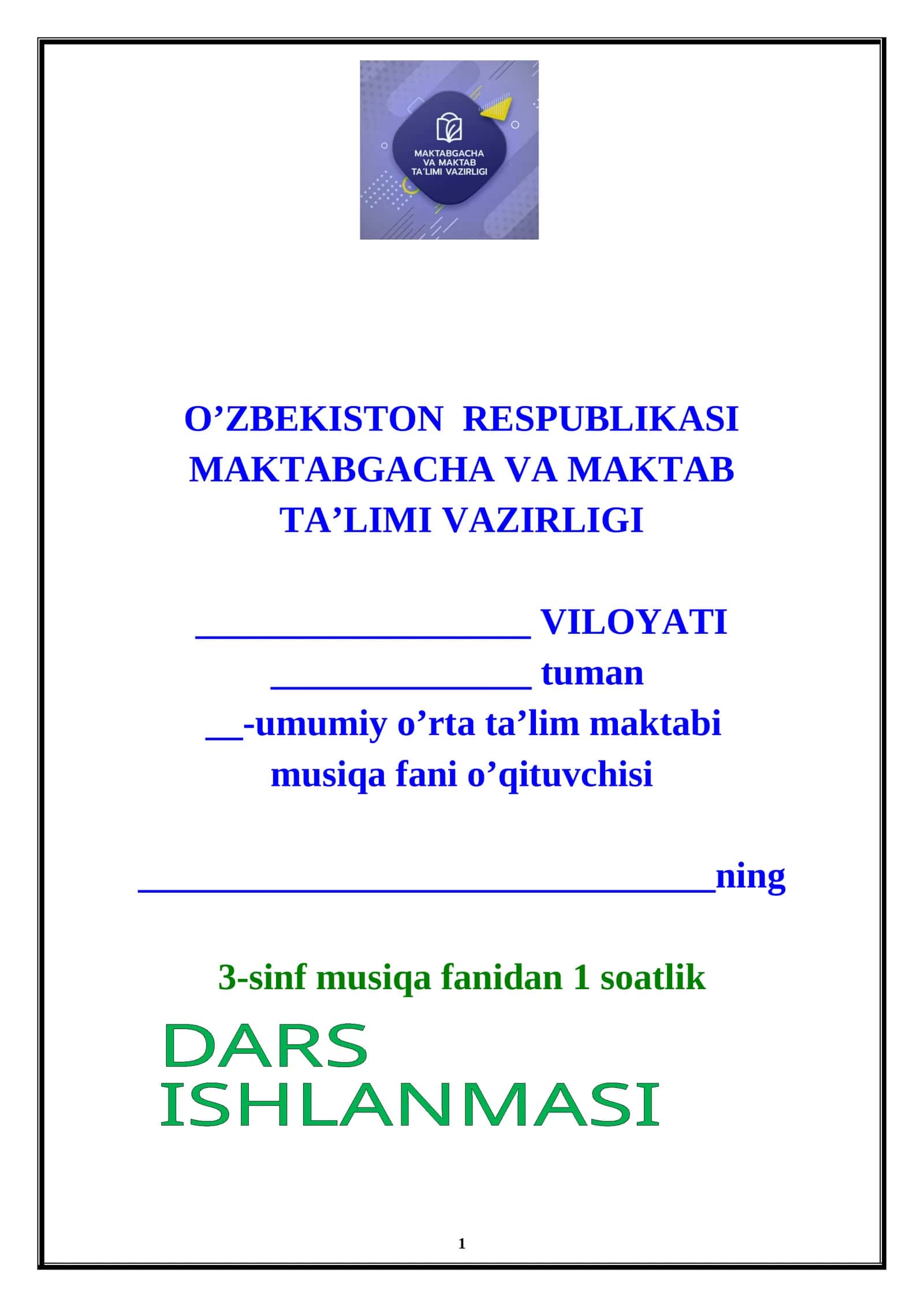 3-sinf Musiqa fanidan dars ishlanmasi