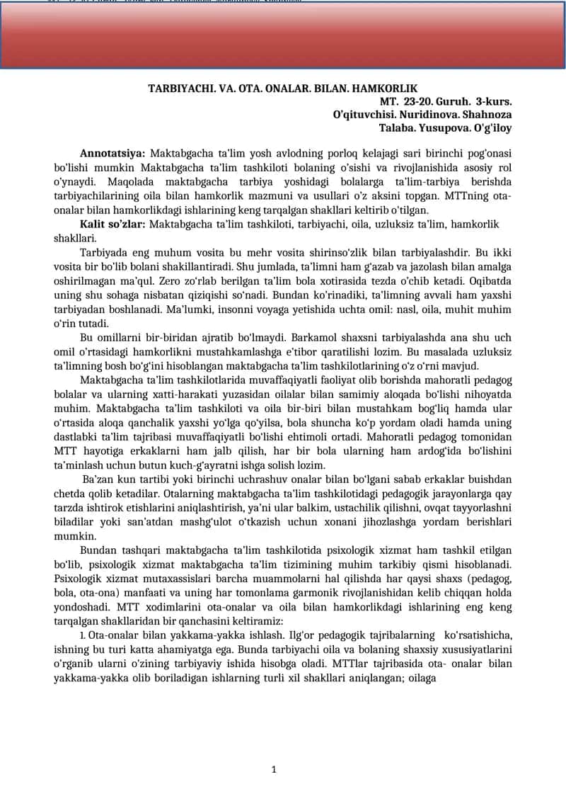 Maktabgacha ta’lim yosh avlodning porloq kelajagi sari birinchi pog’onasi