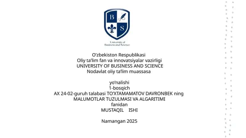 MALUMOTLAR TUZULMASI VA ALGARITIMI