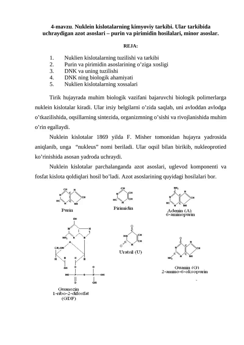 Nuklein kislotalarning kimyoviy tarkibi