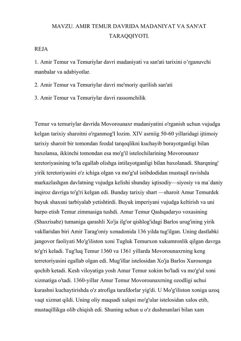 AMIR TEMUR DAVRIDA MADANIYAT VA SAN'AT TARAQQIYOTI.