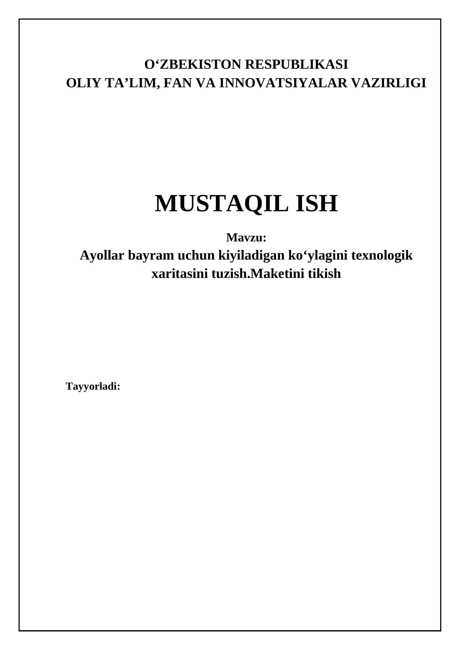 Ayollar bayram uchun ko‘ylagini texnologik xaritasini tuzish