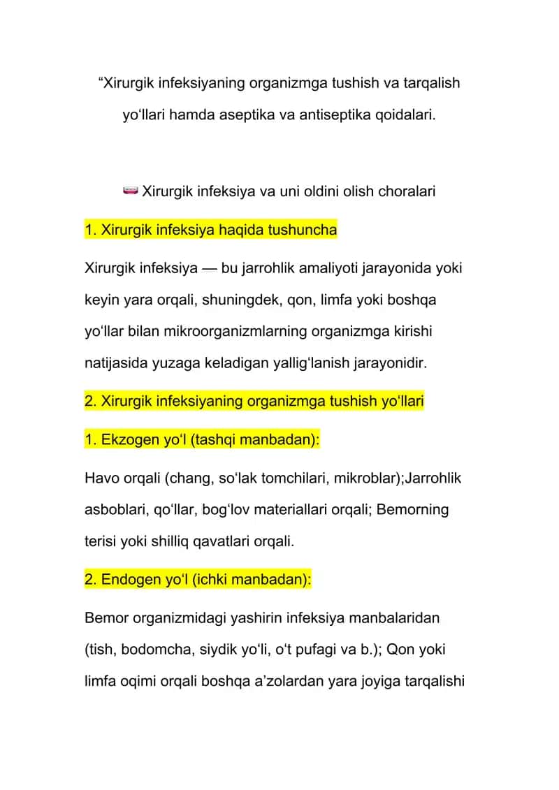 Xirurgik infeksiya va uning oldini olish choralari