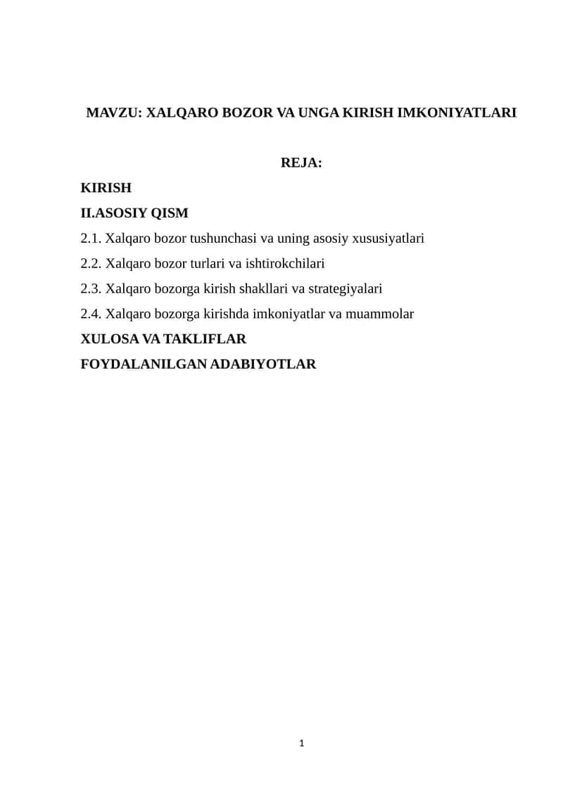 Xalqaro Bozor va unga Kirish Imkoniyatlari