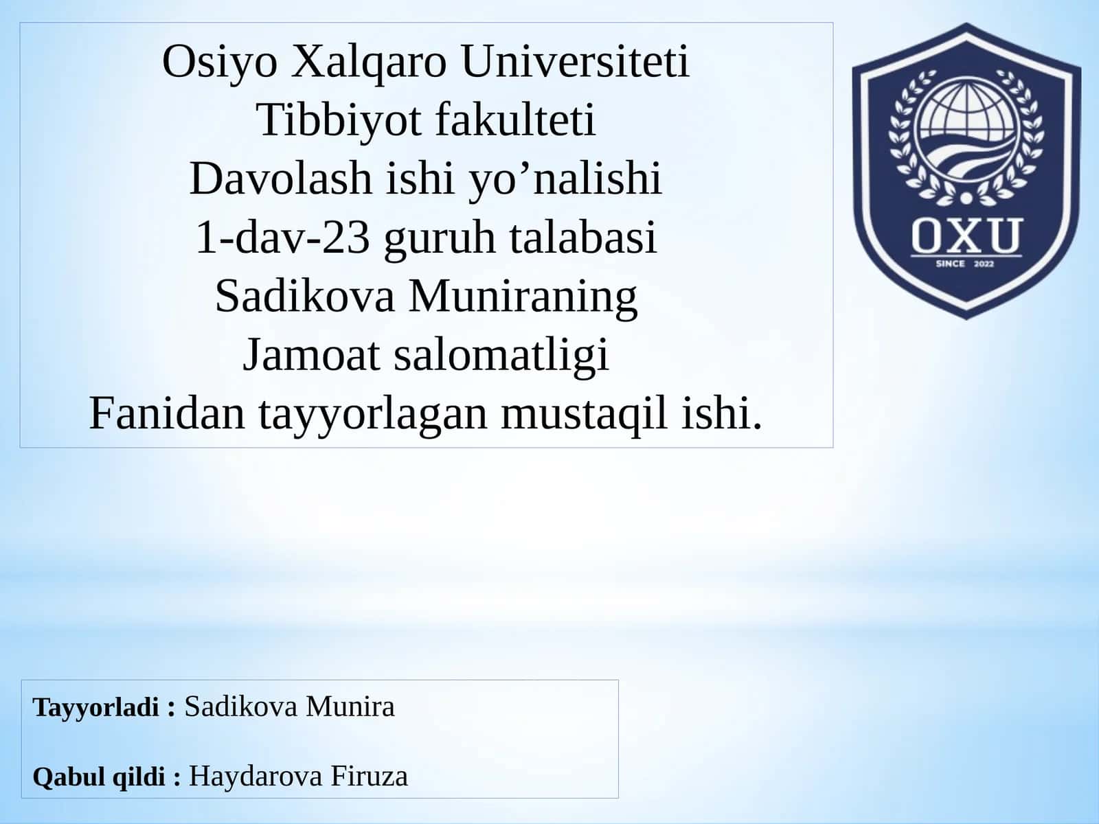 Statsionar muassasalarining ish faoliyatini tashkil qilish, shoshilinch tibbiy xizmat va foydalanish metodlari