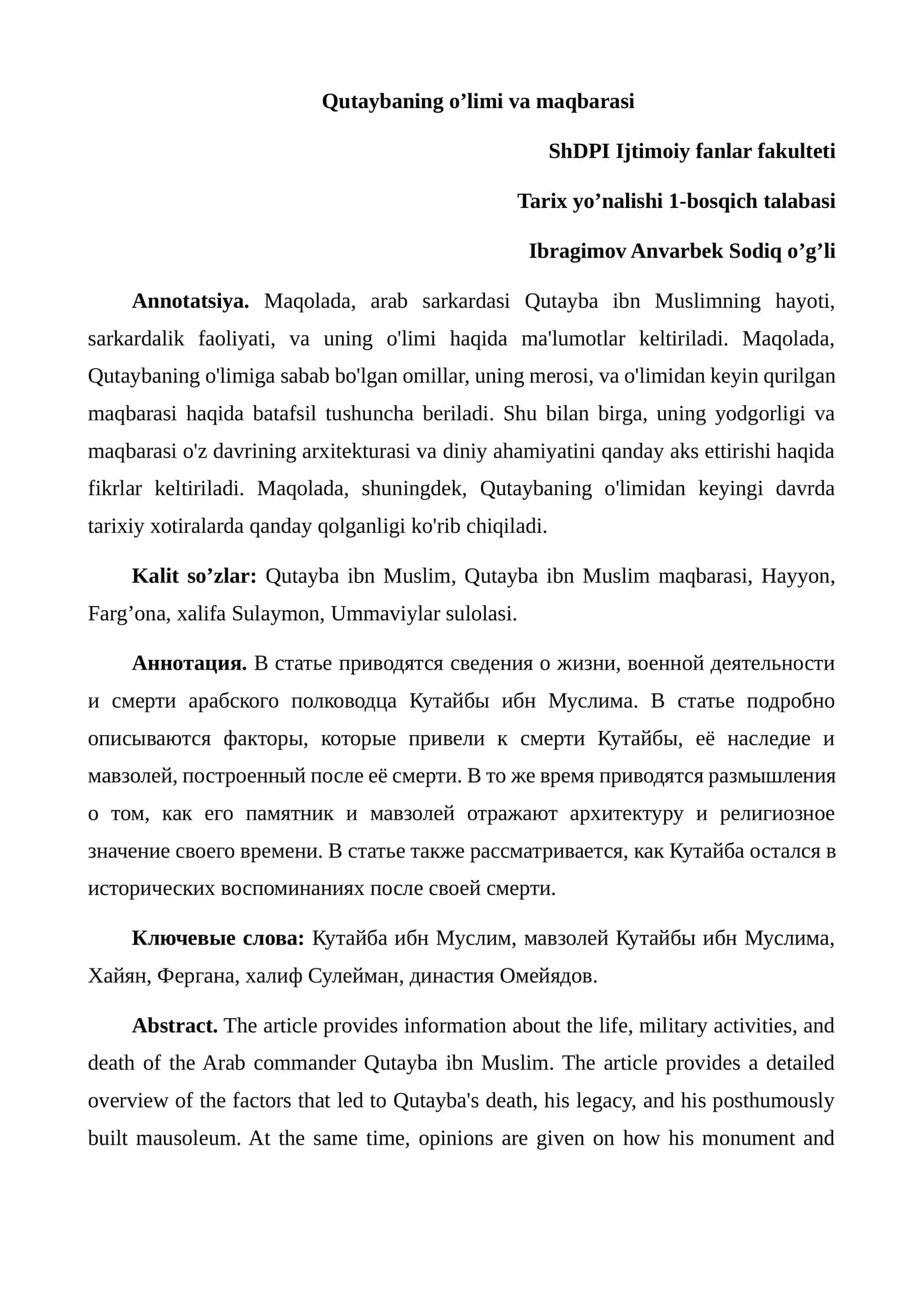 Qutaybaning o’limi va maqbarasi