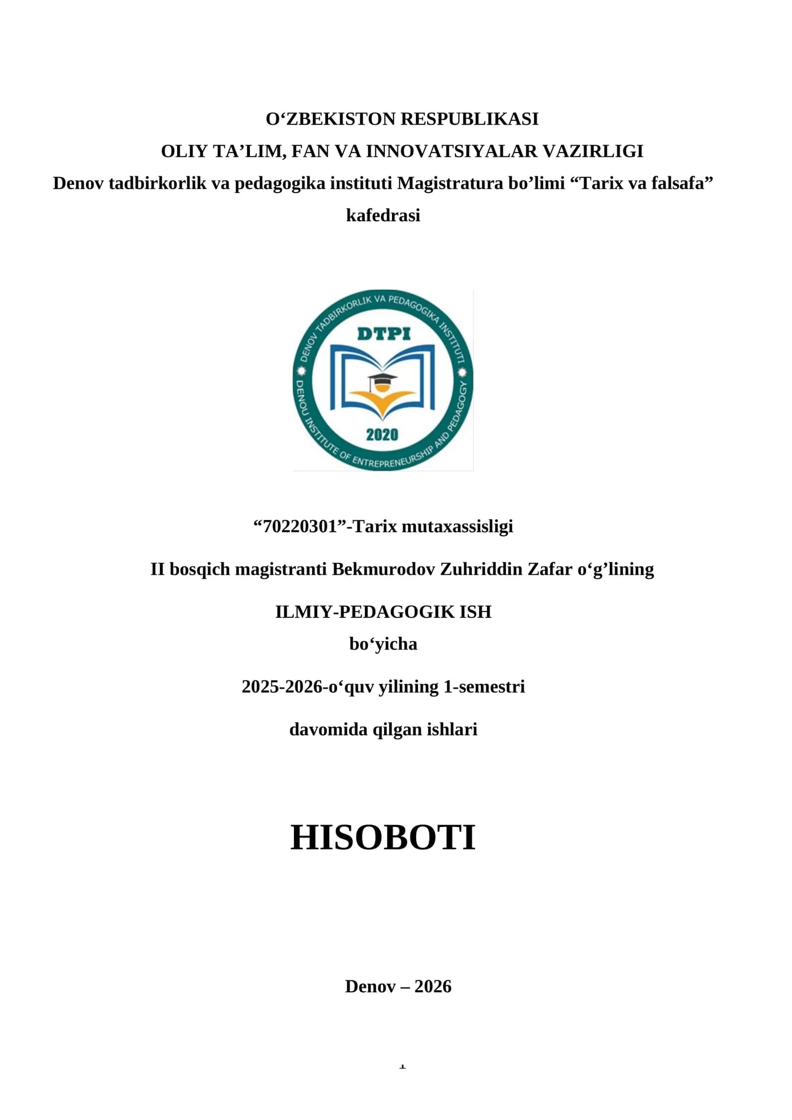 Magistratura bo'limi "Tarix va falsafa" kafedrasi
