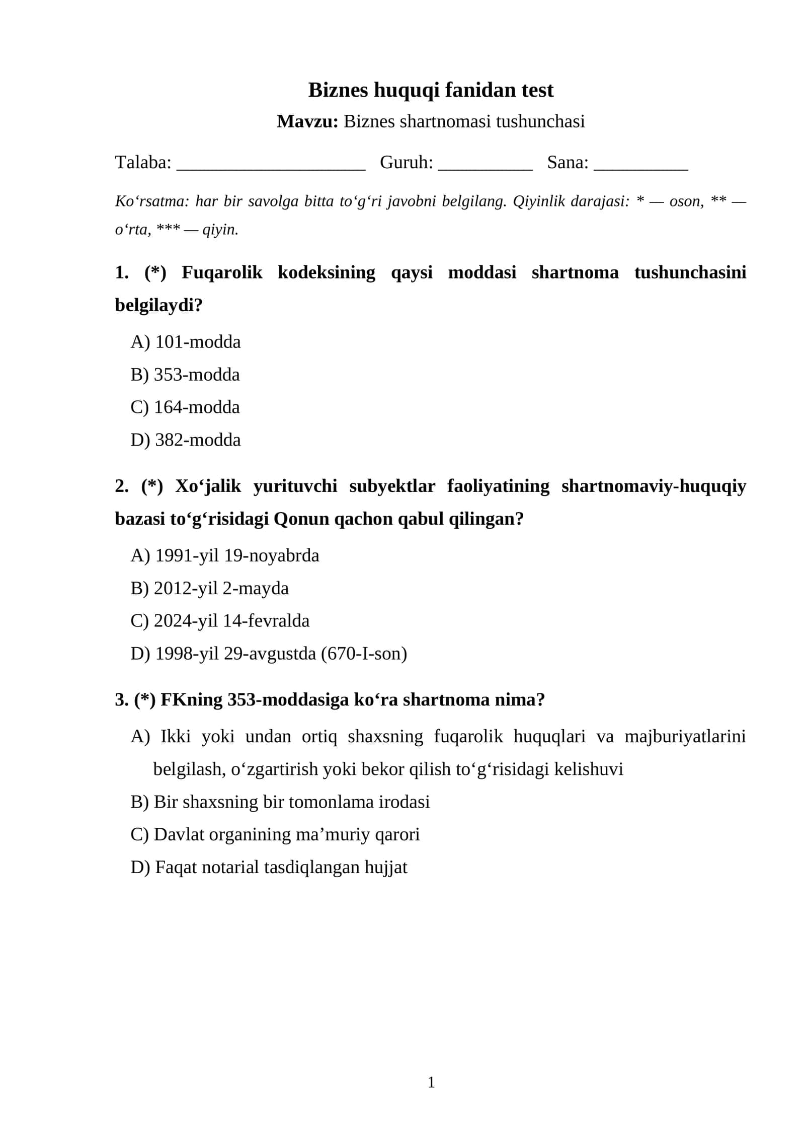 Biznes shartnomasi tushunchasi