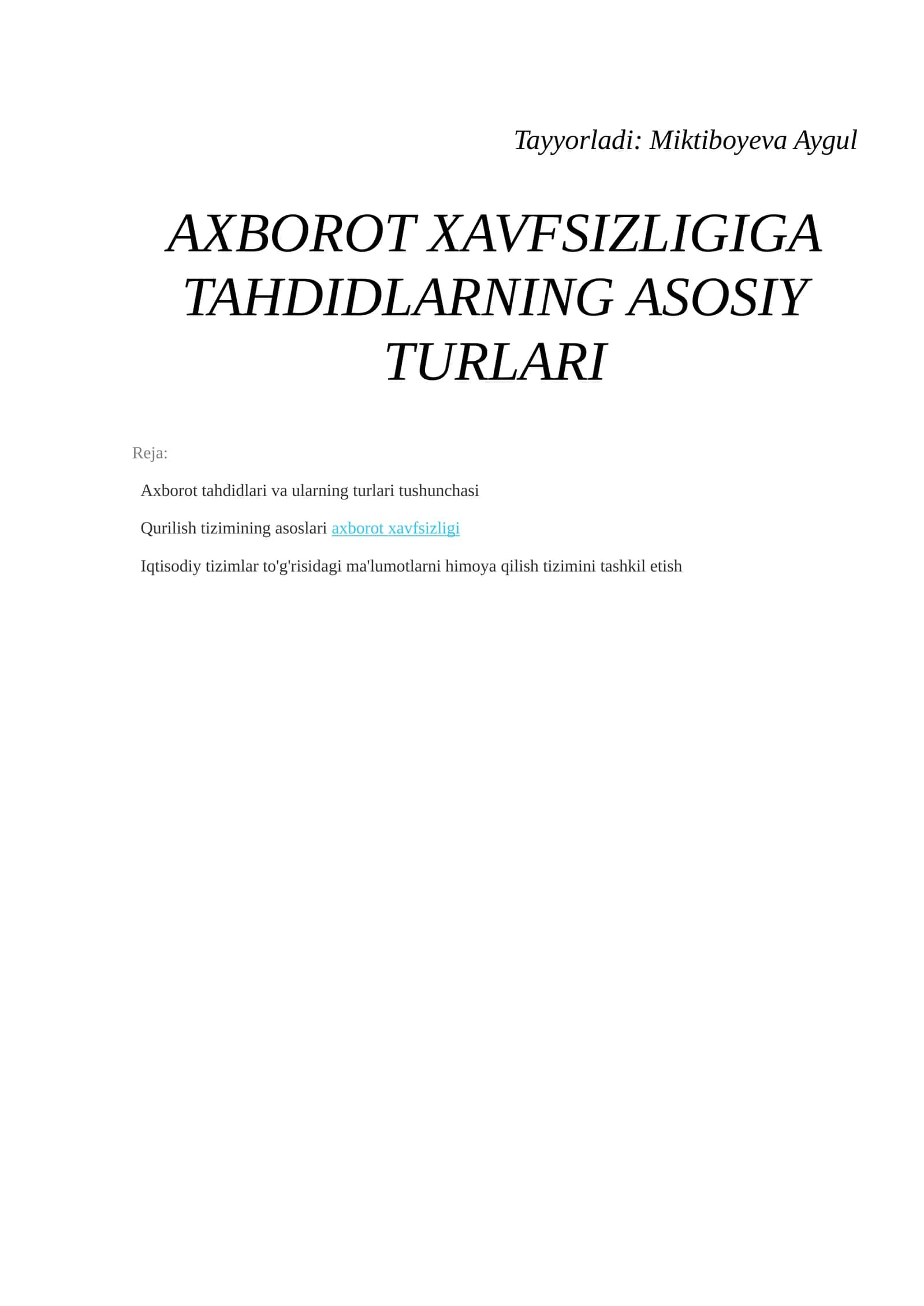 Axborot Xavfsizligi va Tahdidlar