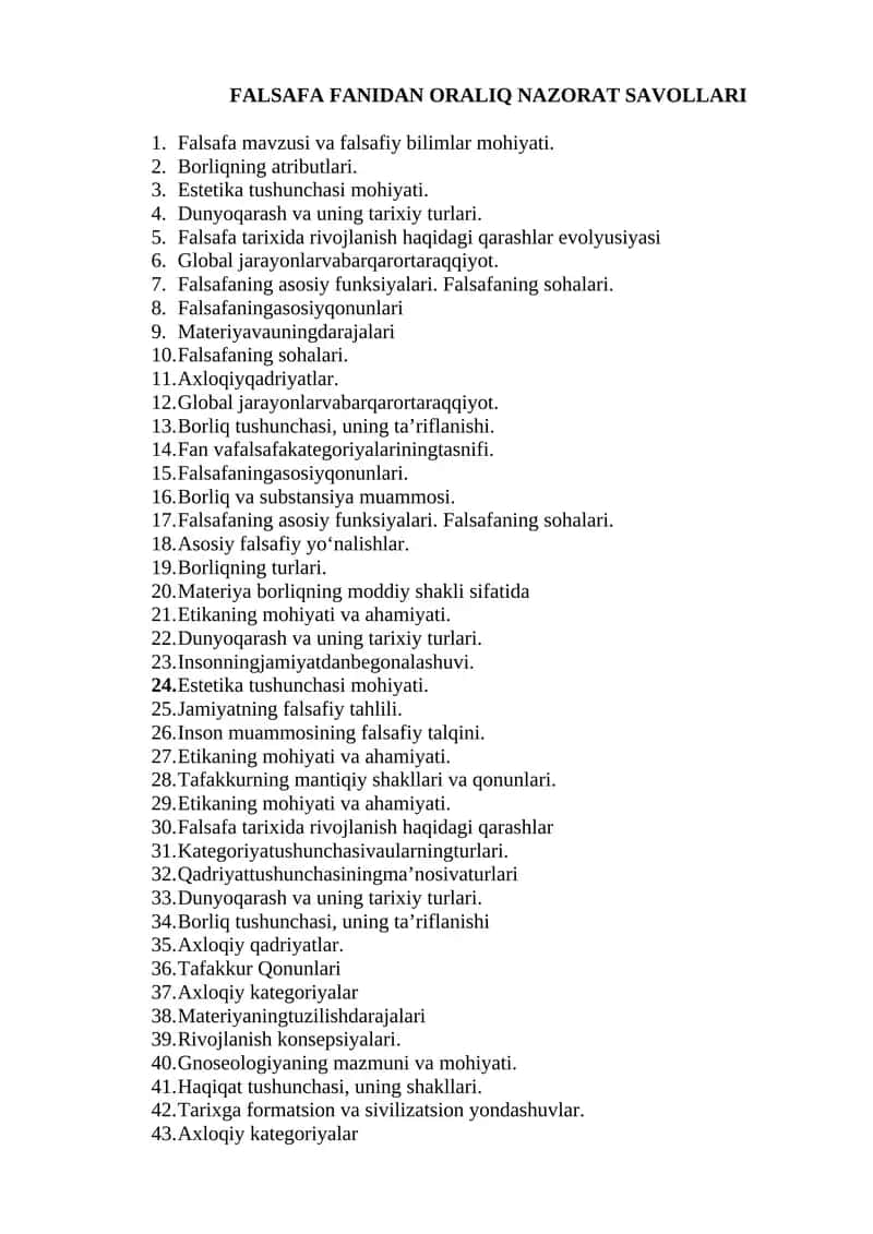 FALSAFA FANIDAN ORALIQ NAZORAT SAVOLLARI