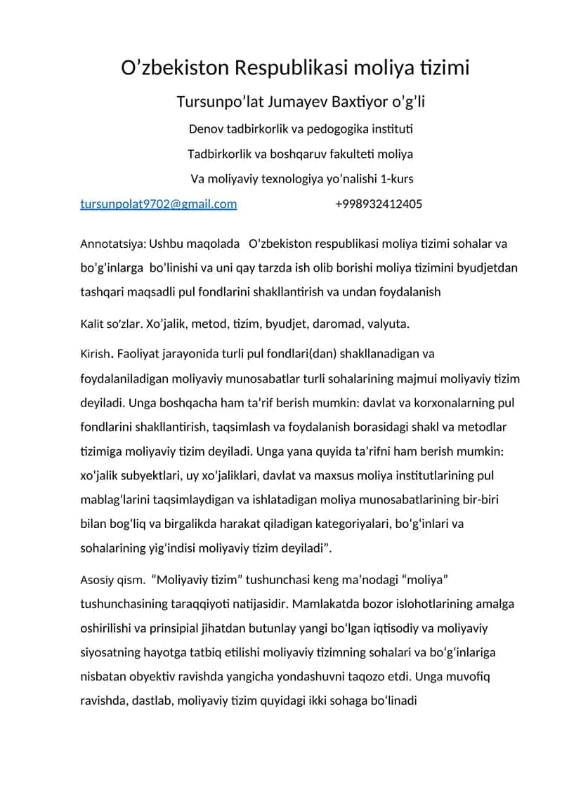 O’zbekiston Respublikasi moliya tizimi