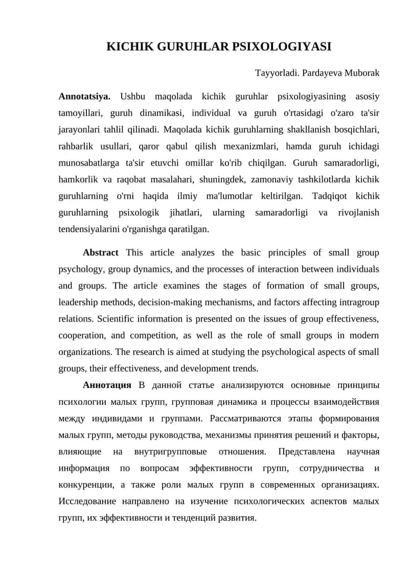 KICHIK GURUHLAR PSIXOLOGIYASI