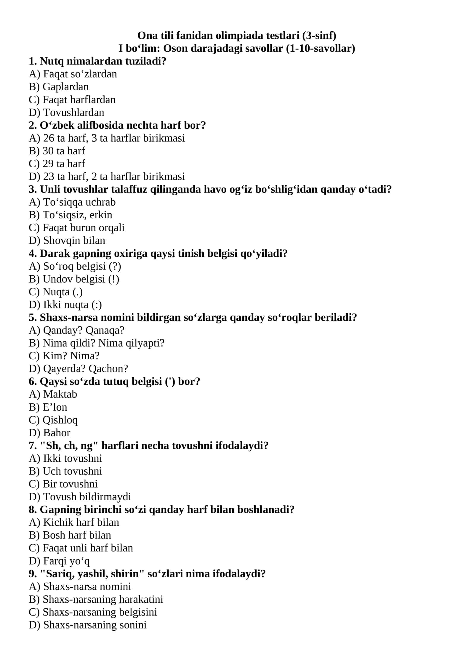 Ona tili fanidan olimpiada testlari (3-sinf)