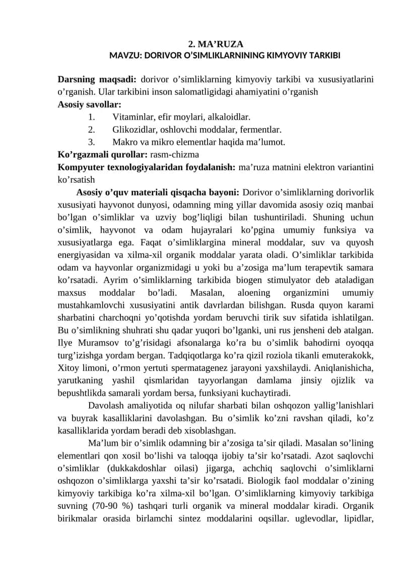 Dorivorni kimyoviy tarkibi