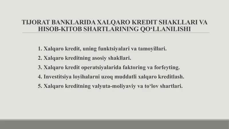 TIJORAT BANKLARIDA XALQARO KREDIT SHAKLLARI VA HISOB-KITOB SHARTLARINING QО‘Llanilishhi