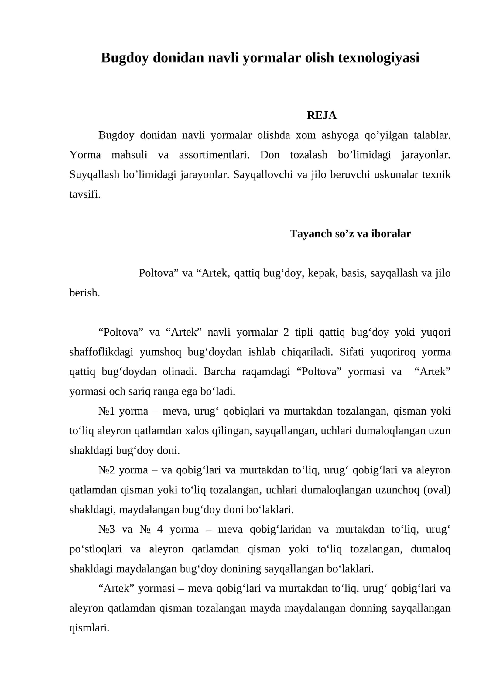 Bugdoy donidan navli yormalar olish texnologiyasi