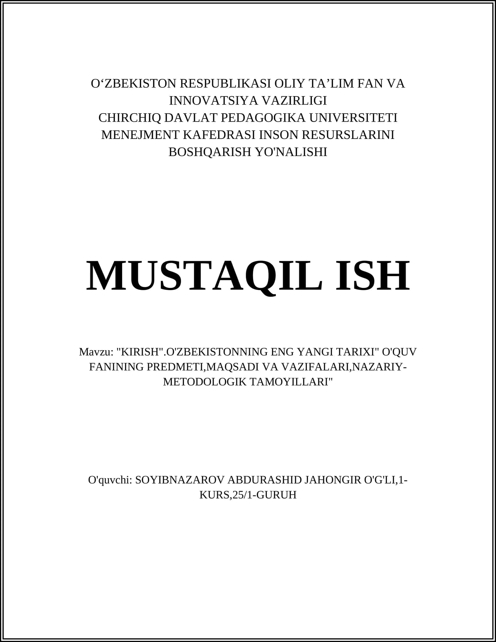 KIRISH. O'ZBEKISTONNING ENG YANGI TARIXI