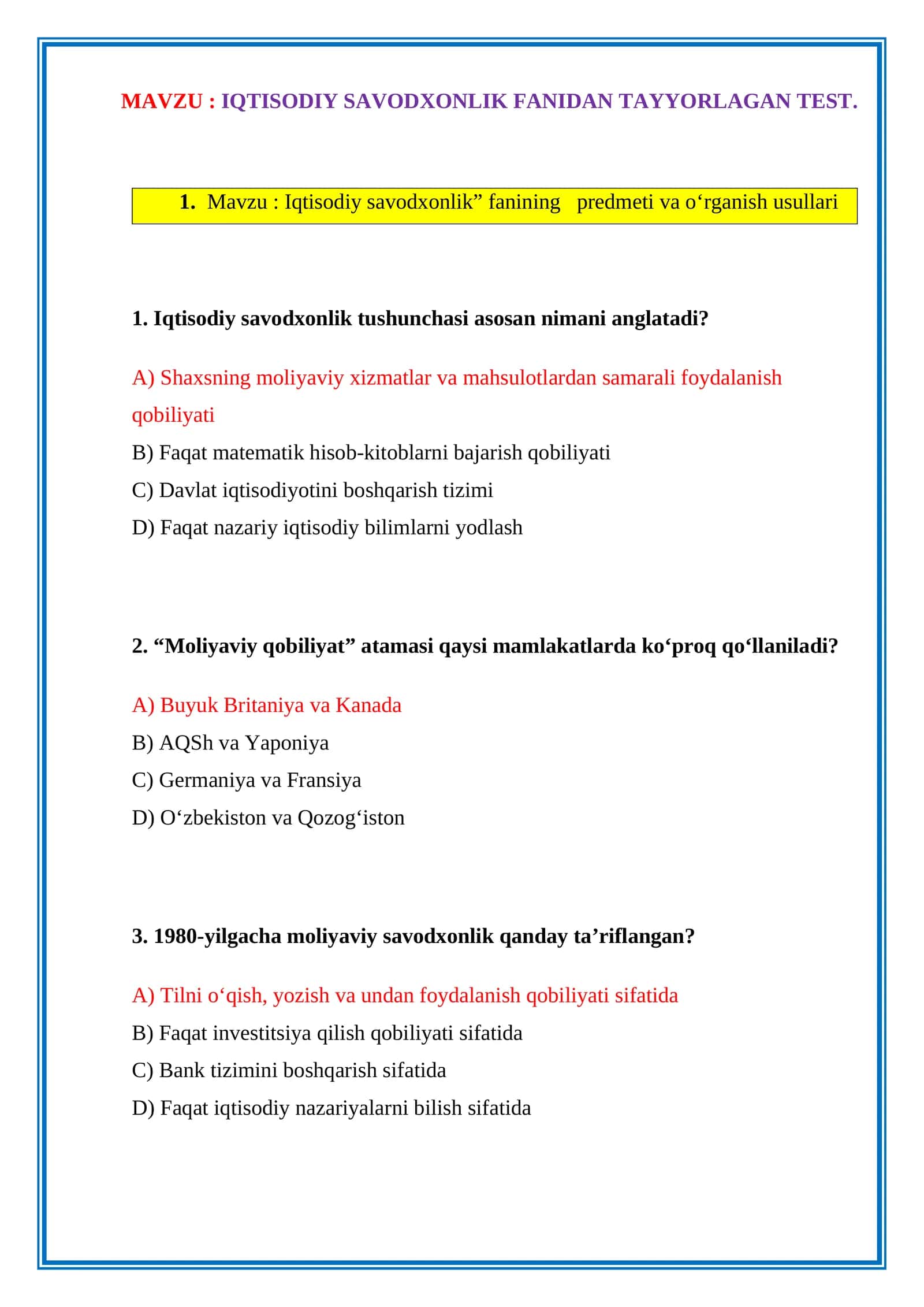 IQTISODIY SAVODXONLIK FANIDAN TAYYORLAGAN TEST. JAVOBLARI BILAN