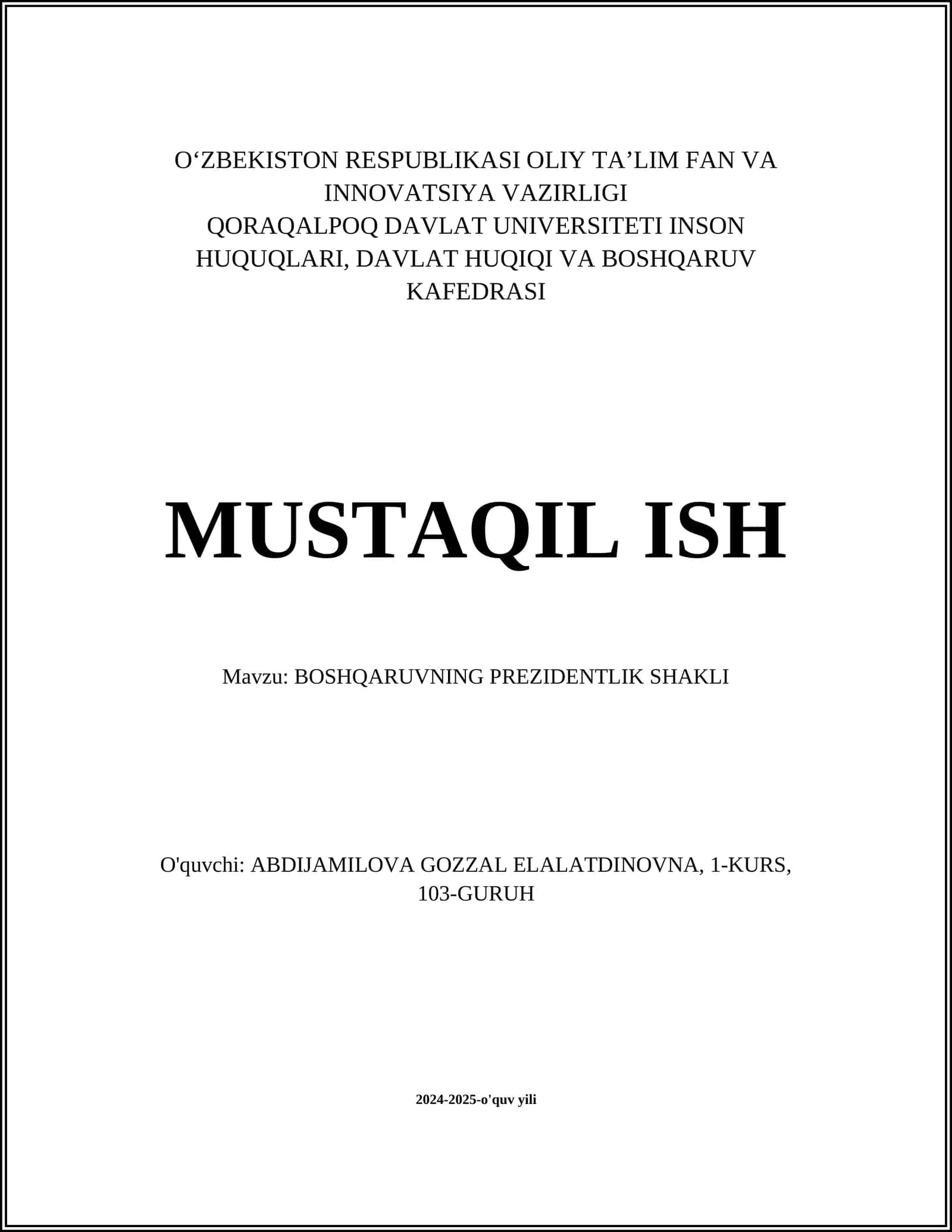 BOSHQARUVNING PREZIDENTLIK SHAKLI