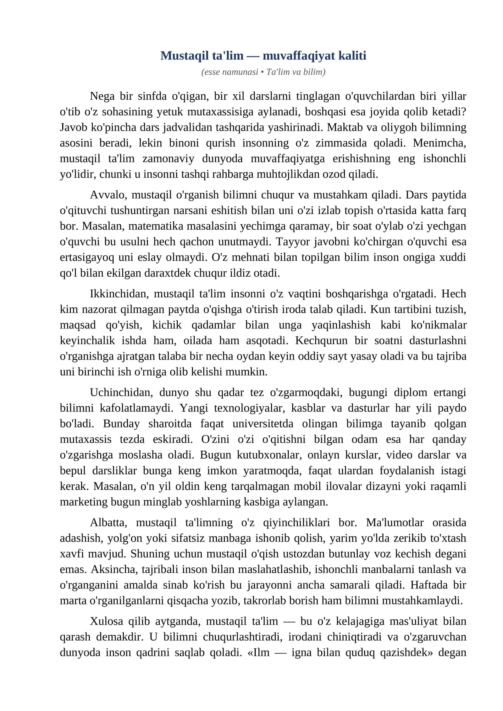 Esse Mustaqil talim muvaffaqiyat kaliti
