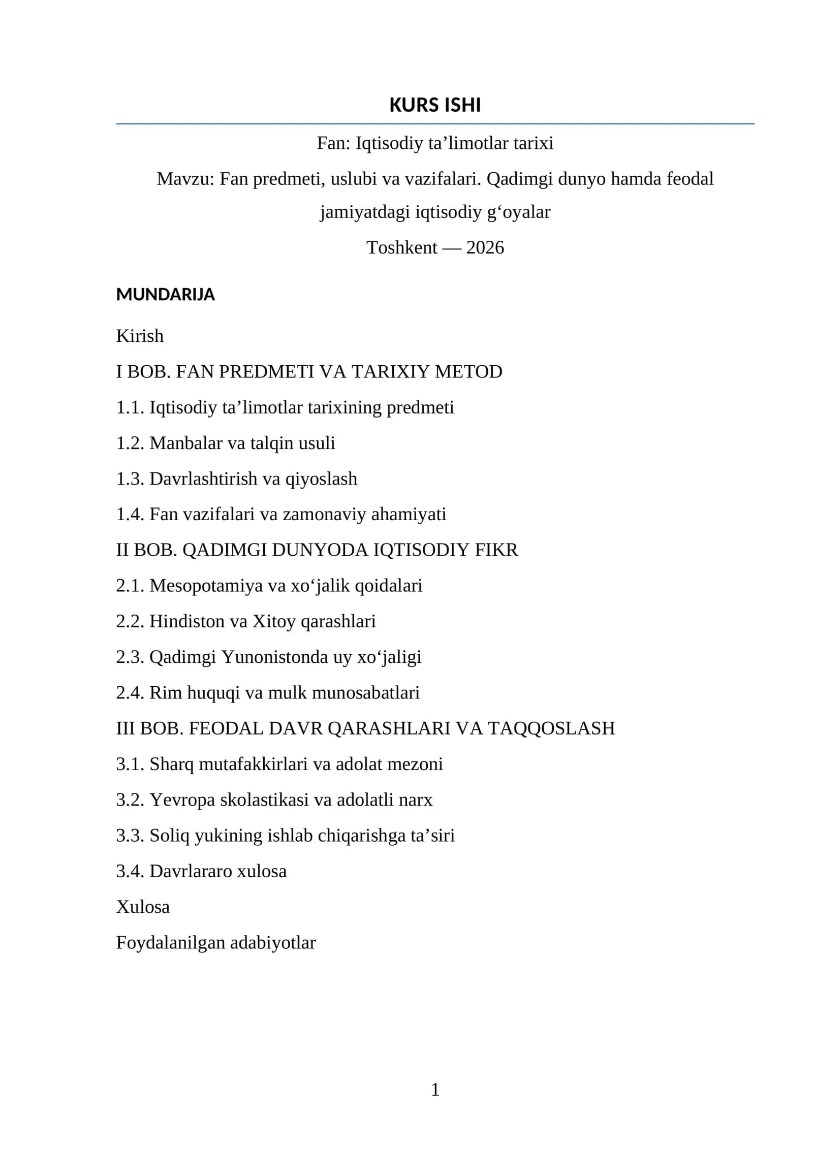 Fan: Iqtisodiy ta’limotlar tarixi