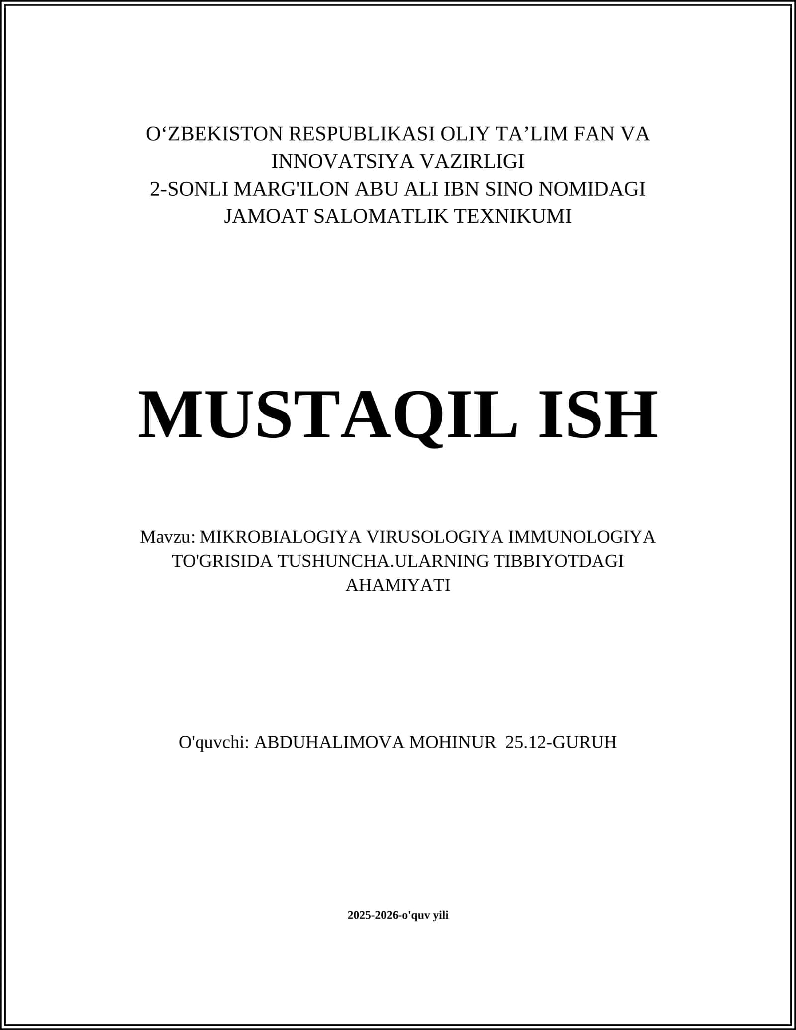 MIKROBIALOGIYA VIRUSOLOGIYA IMMUNOLOGIYA