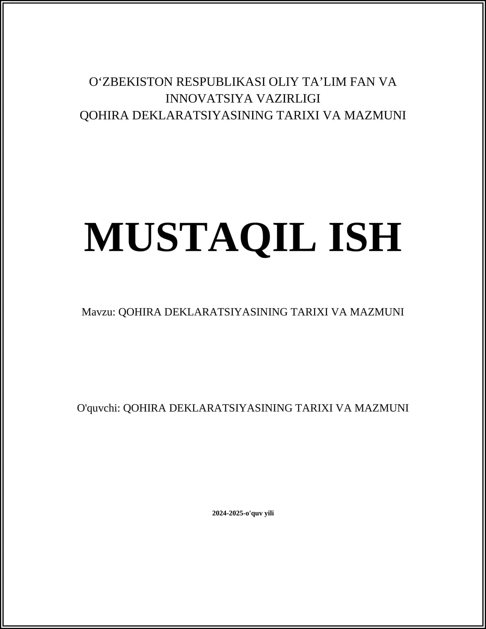 QOHIRA DEKLARATSIYASINING TARIXI VA MAZMUNI