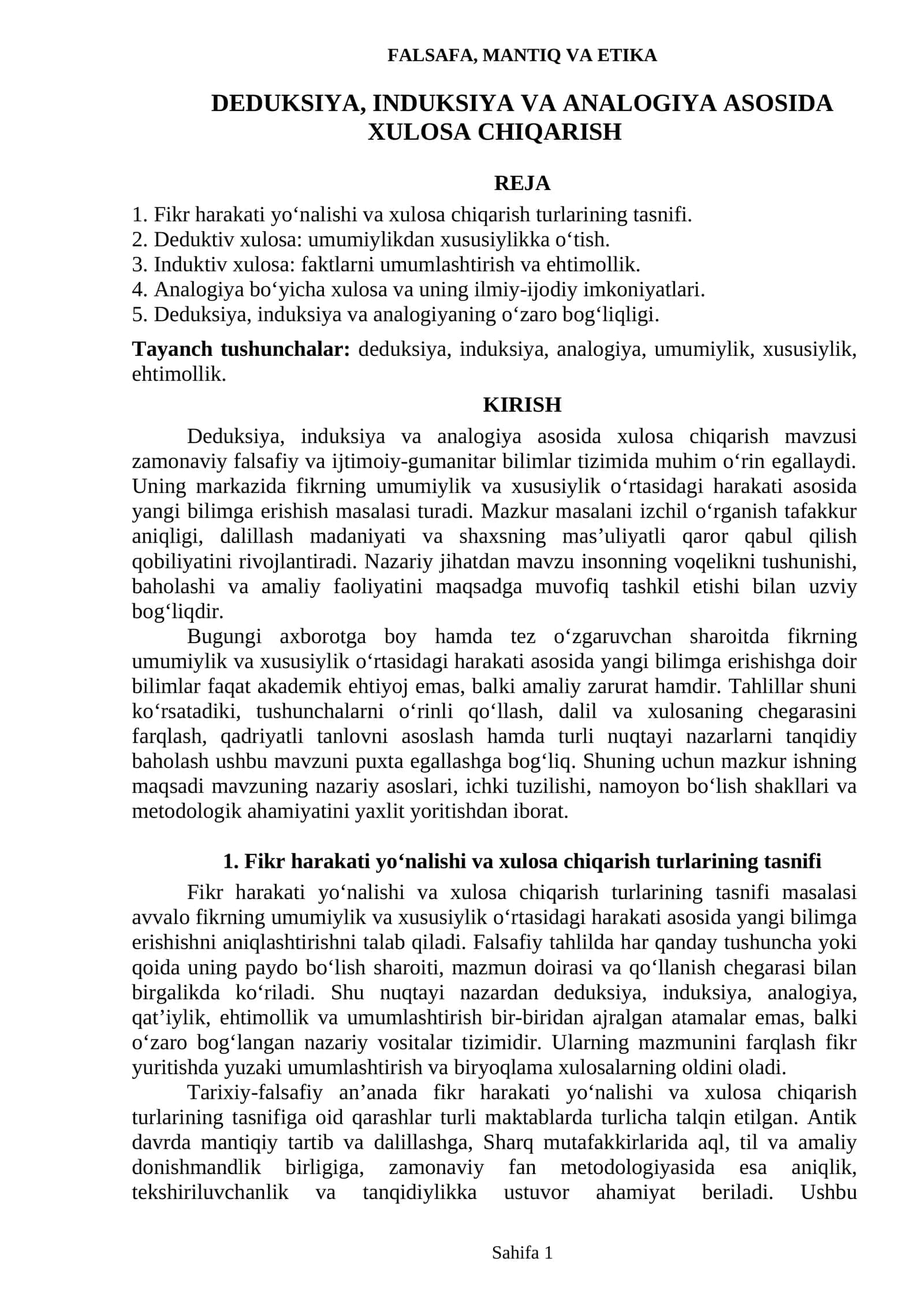 DEDUKSIYA, INDUKSIYA VA ANALOGIYA ASOSIDA XULOSA CHIQARISH