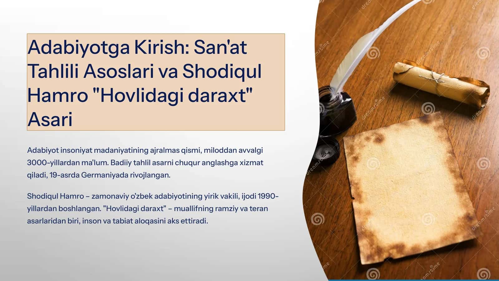 Adabiyotga Kirish: San'at Tahlili Asoslari va Shodiqul Hamro "Hovlidagi daraxt" Asari