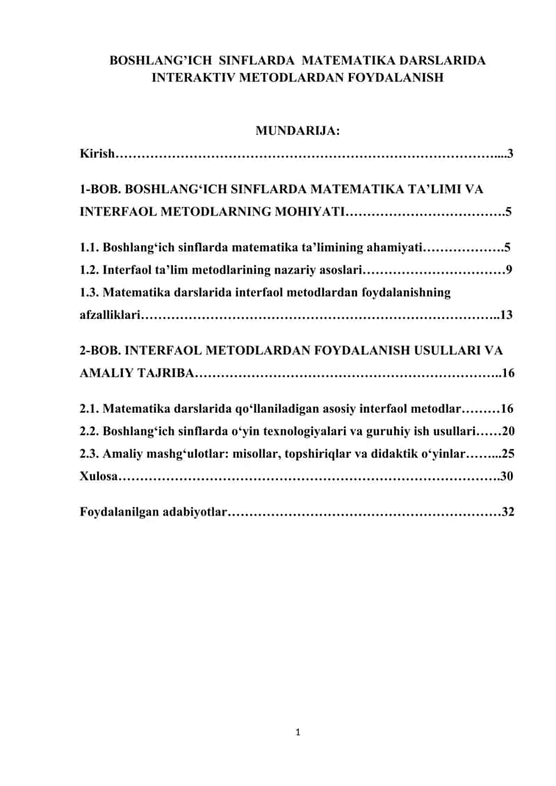 BOSHLANG’ICH  SINFLARDA  MATEMATIKA DARSLARIDA INTERAKTIV METODLARDAN FOYDALANISH