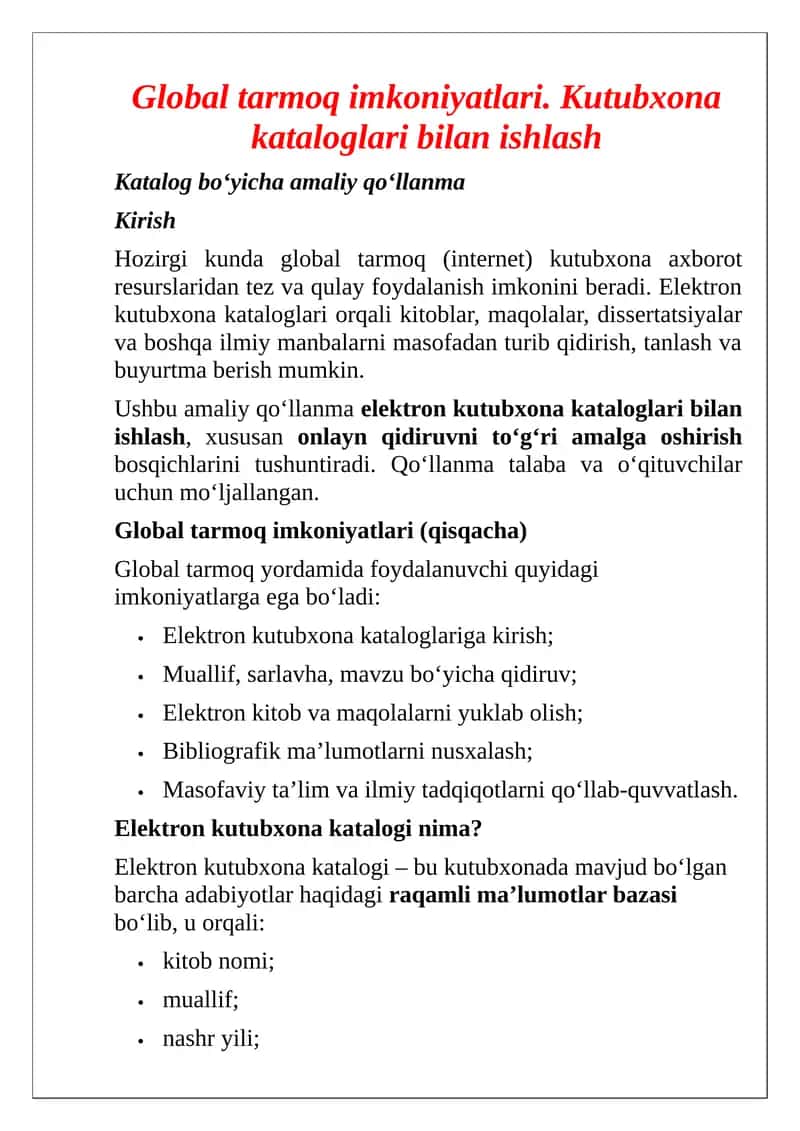 Global tarmoq imkoniyatlari. Kutubxona kataloglari bilan ishlash